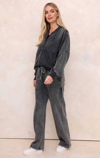 Black Acid Wash Crew Neck Zip Front Lounge Set With Flared Trousers - Natalie