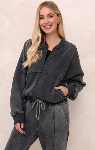 Black Acid Wash Crew Neck Zip Front Lounge Set With Flared Trousers - Natalie