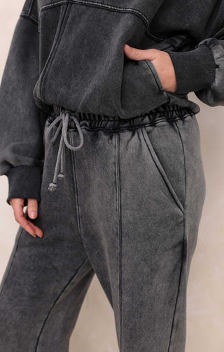 Black Acid Wash Crew Neck Zip Front Lounge Set With Flared Trousers - Natalie
