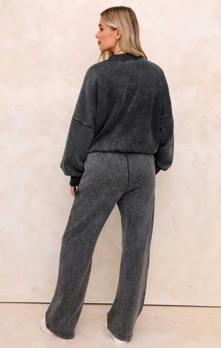 Black Acid Wash Crew Neck Zip Front Lounge Set With Flared Trousers - Natalie