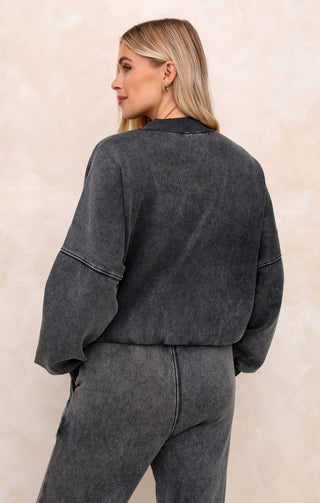 Black Acid Wash Crew Neck Zip Front Lounge Set With Flared Trousers - Natalie