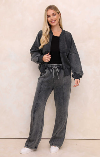 Black Acid Wash Crew Neck Zip Front Lounge Set With Flared Trousers - Natalie