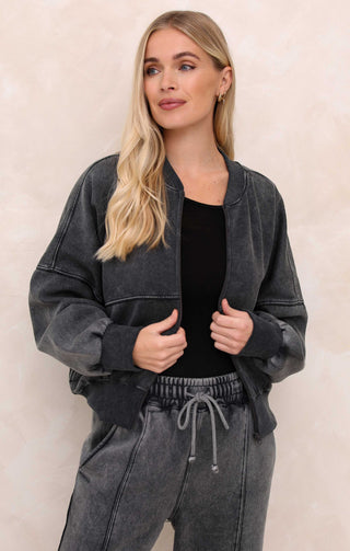 Black Acid Wash Crew Neck Zip Front Lounge Set With Flared Trousers - Natalie