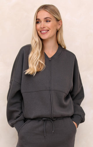 Ladies Charcoal Crew Neck Zip Front Lounge Set With Flared Trousers - Natalie