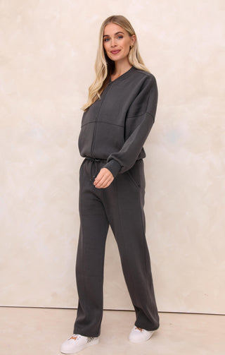 Ladies Charcoal Crew Neck Zip Front Lounge Set With Flared Trousers - Natalie