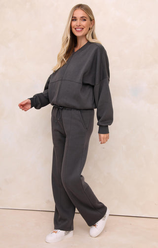 Ladies Charcoal Crew Neck Zip Front Lounge Set With Flared Trousers - Natalie