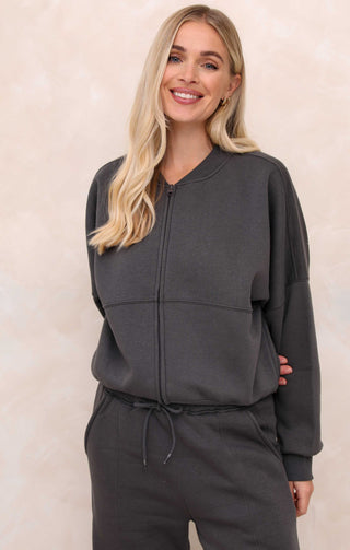 Ladies Charcoal Crew Neck Zip Front Lounge Set With Flared Trousers - Natalie