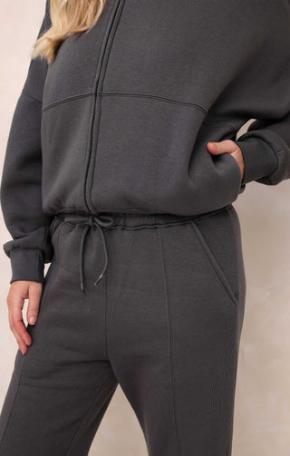 Ladies Charcoal Crew Neck Zip Front Lounge Set With Flared Trousers - Natalie