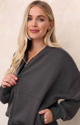 Ladies Charcoal Crew Neck Zip Front Lounge Set With Flared Trousers - Natalie
