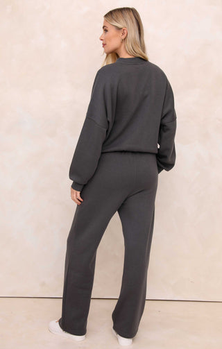 Ladies Charcoal Crew Neck Zip Front Lounge Set With Flared Trousers - Natalie
