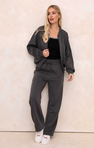 Ladies Charcoal Crew Neck Zip Front Lounge Set With Flared Trousers - Natalie