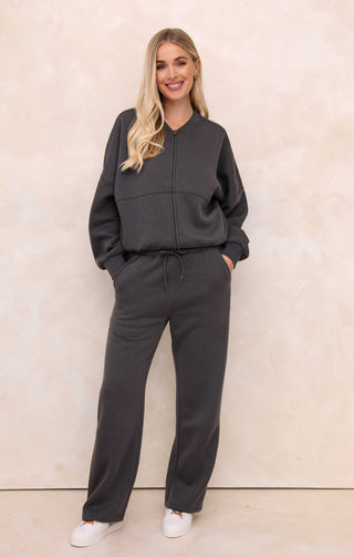 Ladies Charcoal Crew Neck Zip Front Lounge Set With Flared Trousers - Natalie
