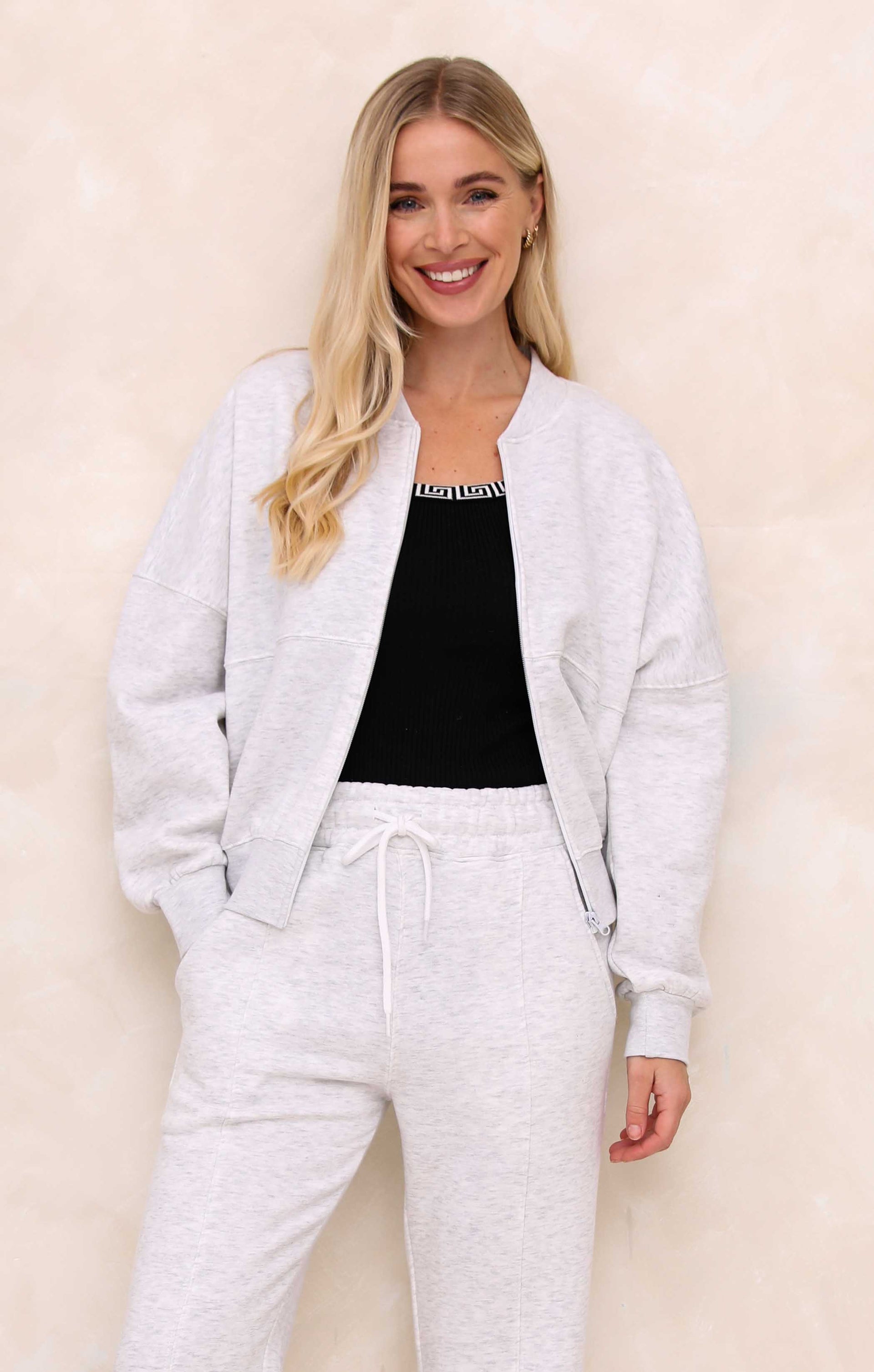 Ladies Pale Grey Marl Crew Neck Zip Front Lounge Set With Flared Trousers - Natalie