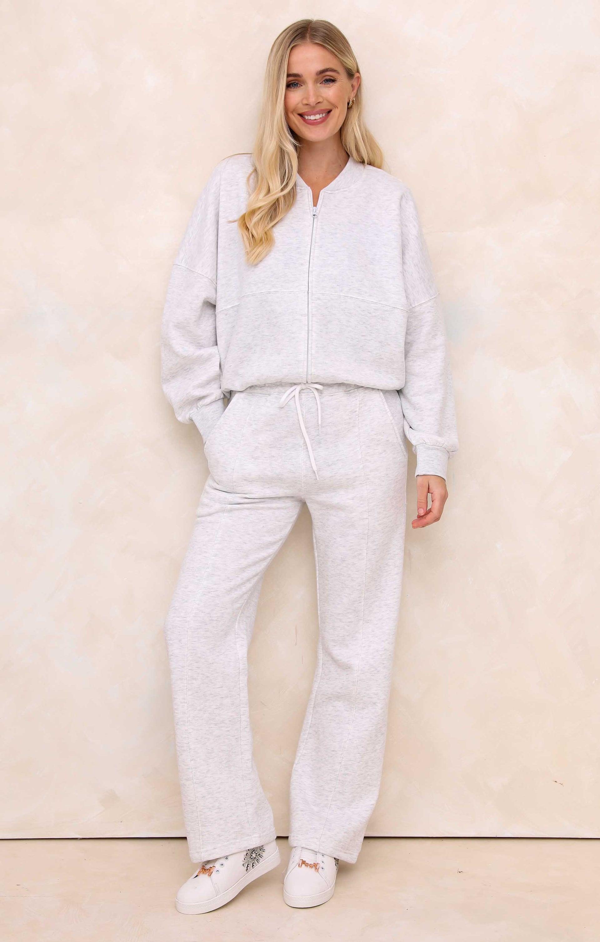 Ladies Pale Grey Marl Crew Neck Zip Front Lounge Set With Flared Trousers - Natalie