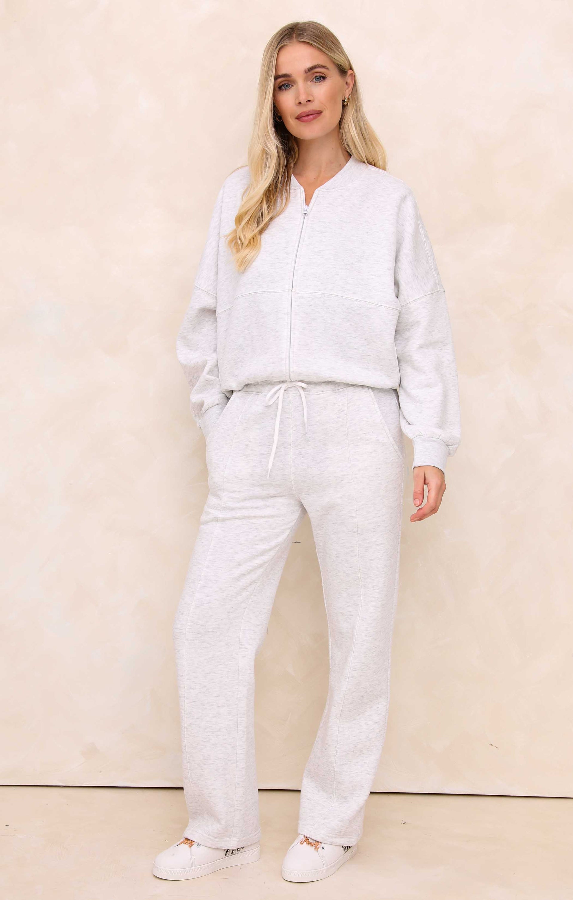 Ladies Pale Grey Marl Crew Neck Zip Front Lounge Set With Flared Trousers - Natalie