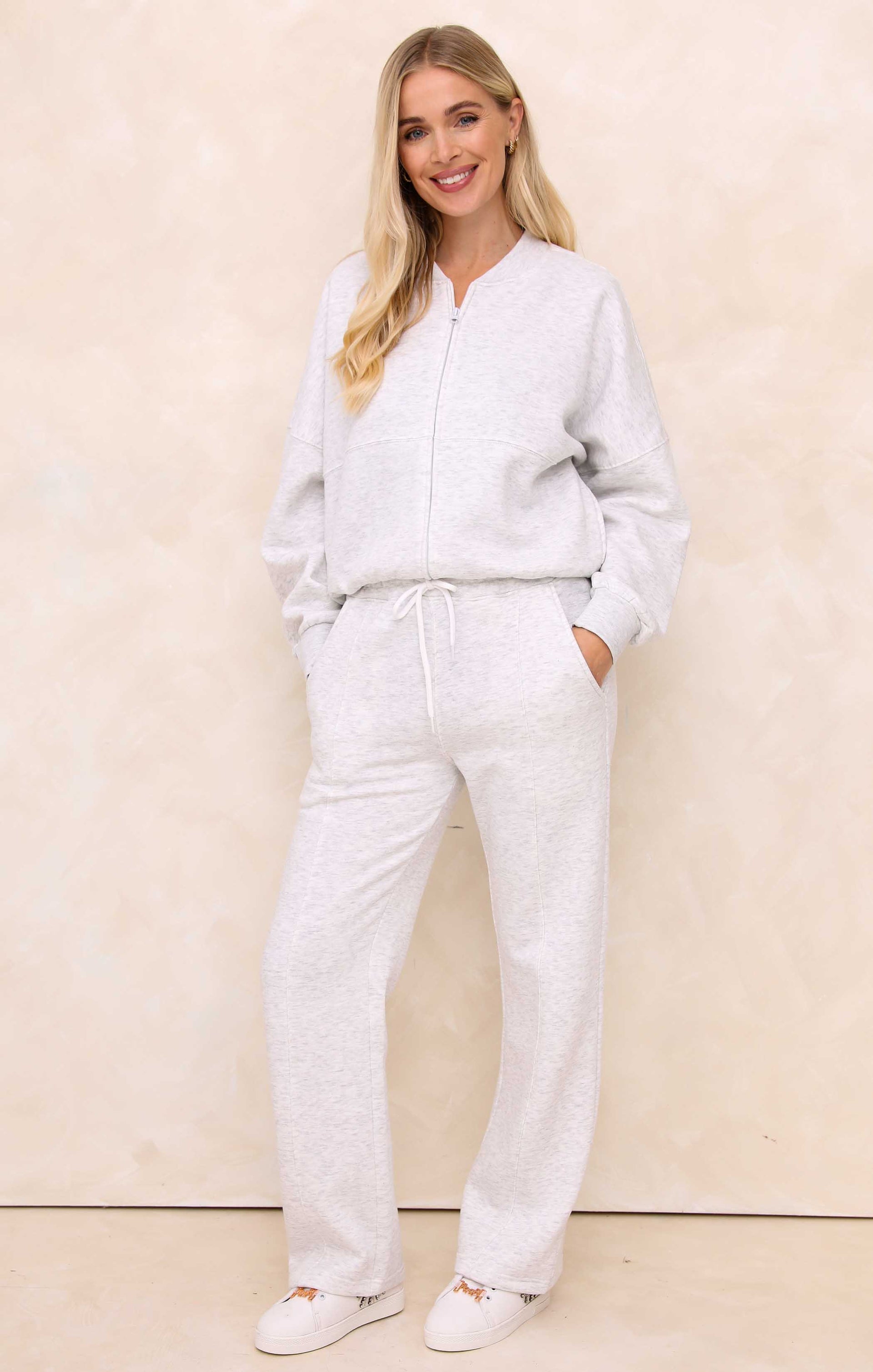 Ladies Pale Grey Marl Crew Neck Zip Front Lounge Set With Flared Trousers - Natalie