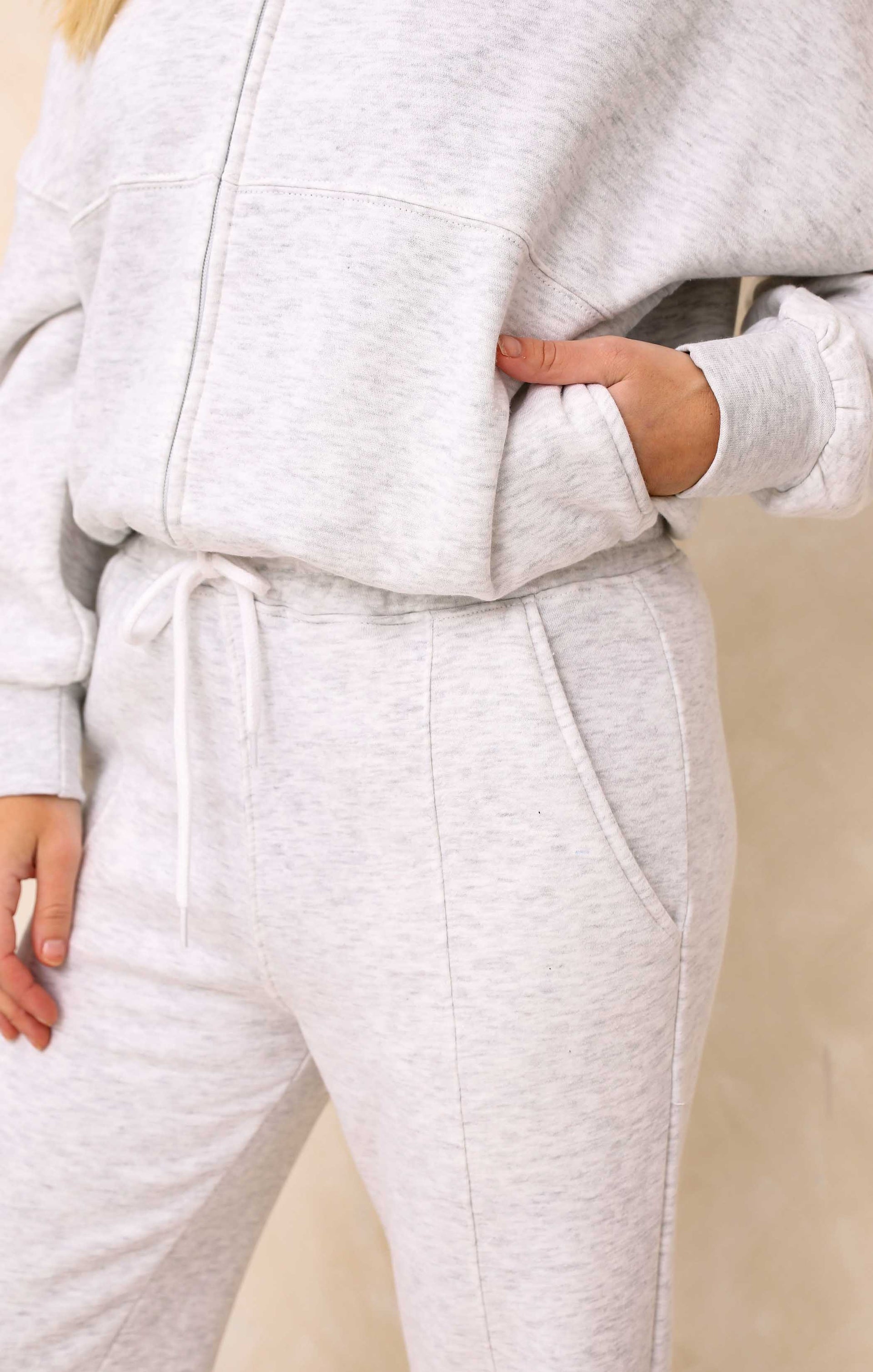 Ladies Pale Grey Marl Crew Neck Zip Front Lounge Set With Flared Trousers - Natalie