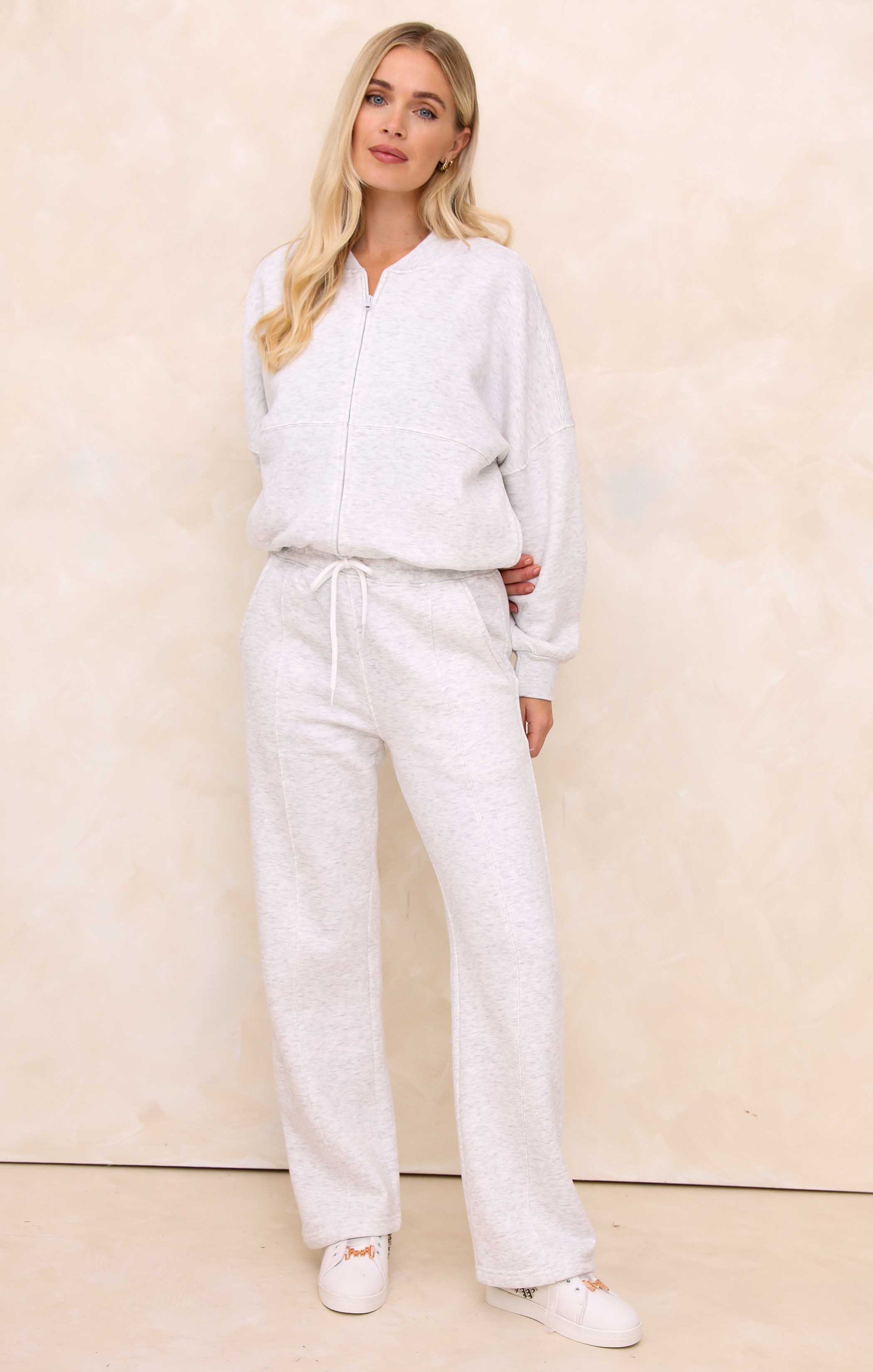 Ladies Pale Grey Marl Crew Neck Zip Front Lounge Set With Flared Trousers - Natalie