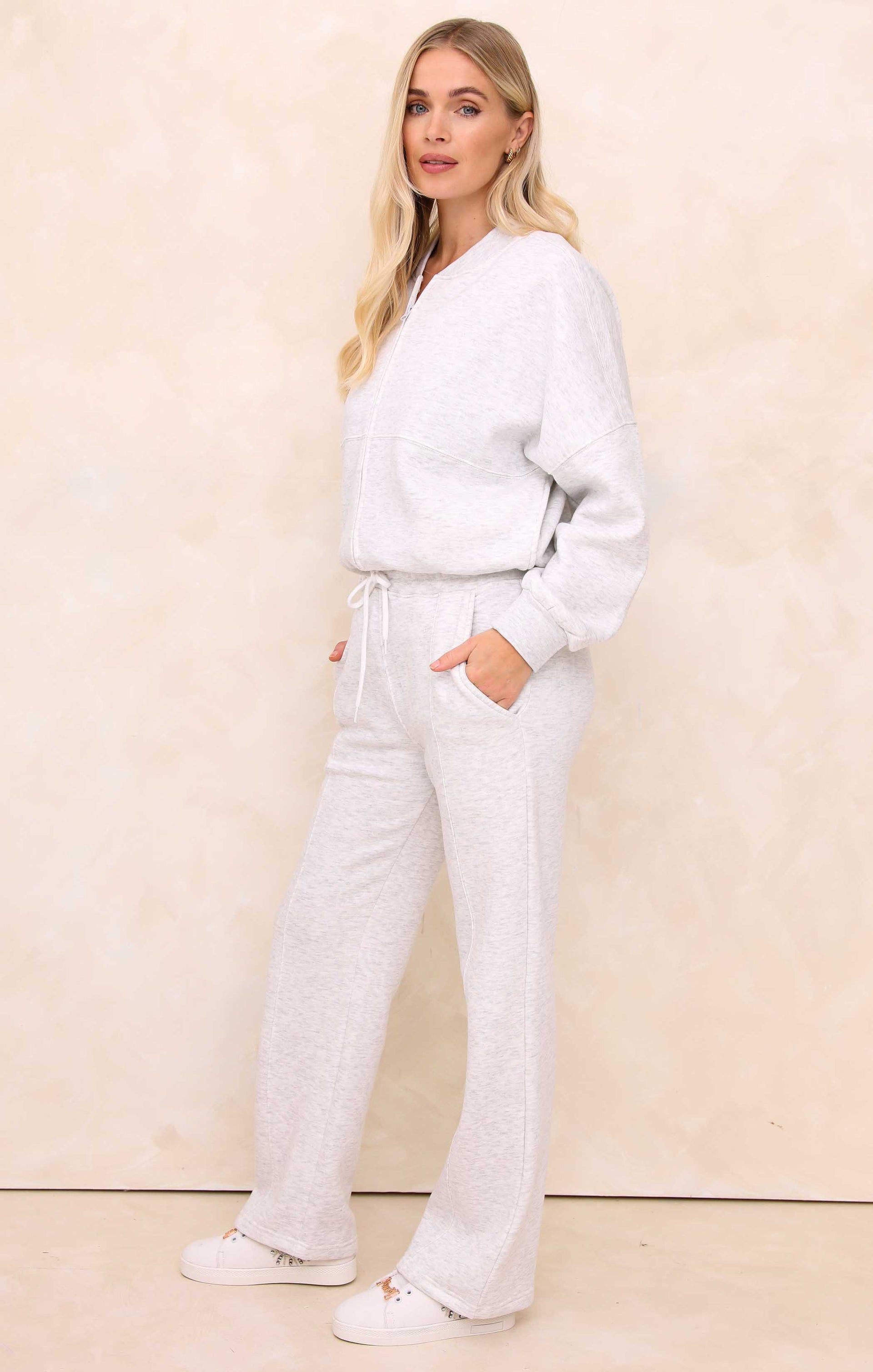 Ladies Pale Grey Marl Crew Neck Zip Front Lounge Set With Flared Trousers - Natalie