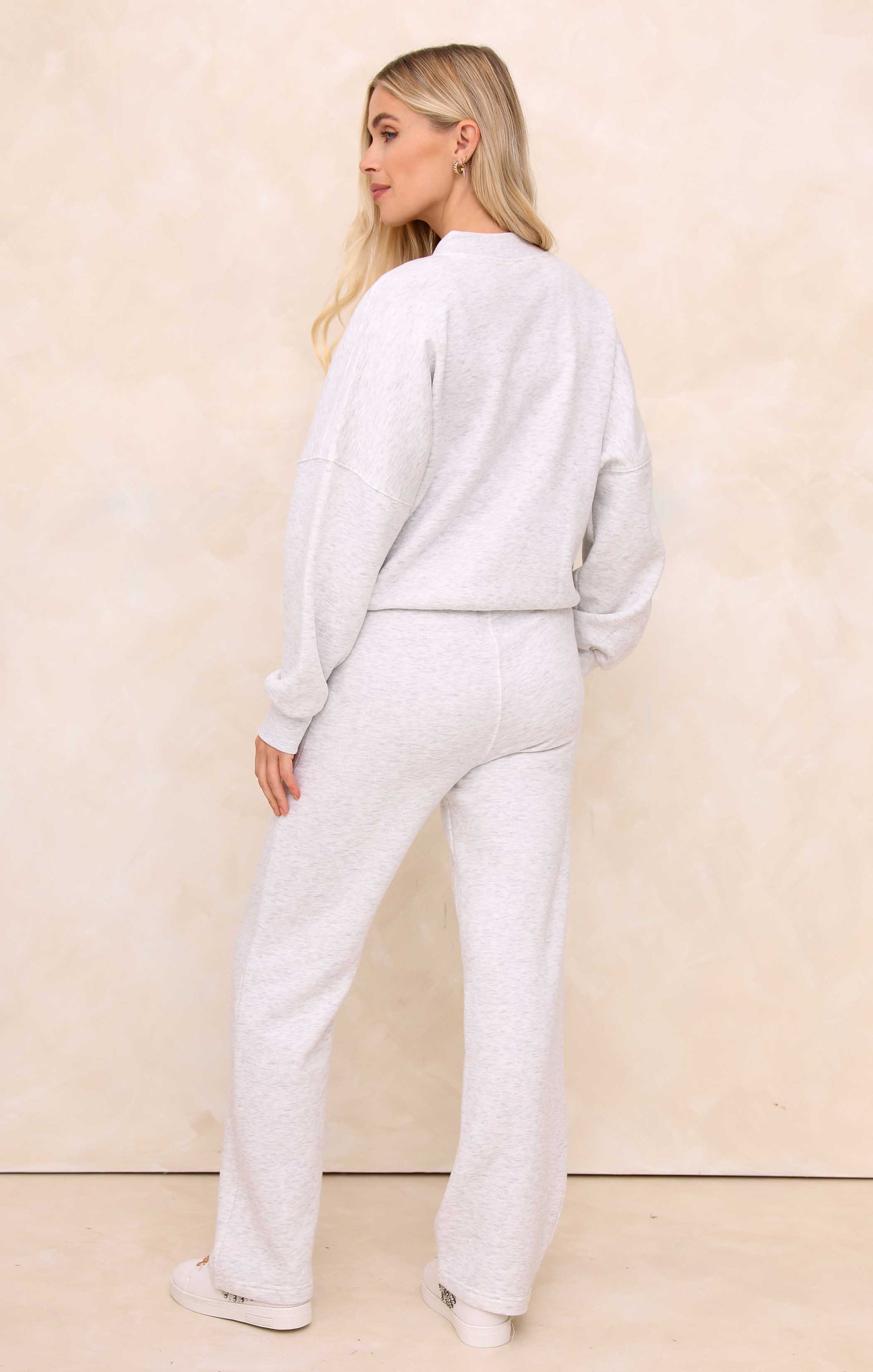 Ladies Pale Grey Marl Crew Neck Zip Front Lounge Set With Flared Trousers - Natalie