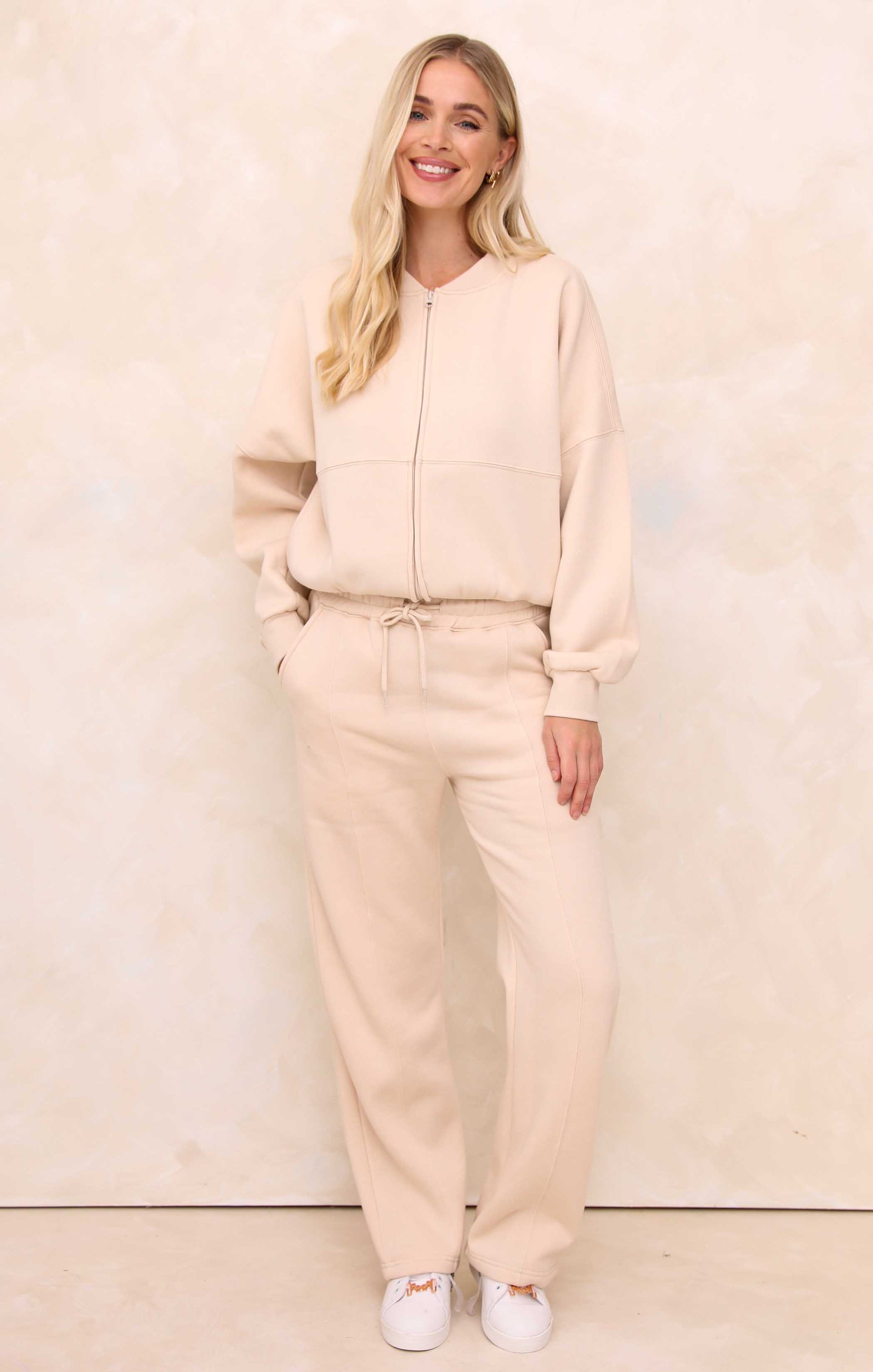 Ladies Stone Crew Neck Zip Front Lounge Set With Flared Trousers - Natalie