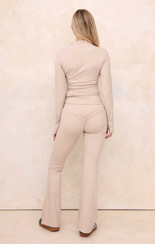 Ladies Cream Seam Detail Activewear Set With Flared Leg - Valentina