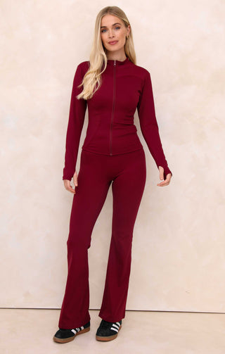 Ladies Red Seam Detail Activewear Set With Flared Leg - Valentina
