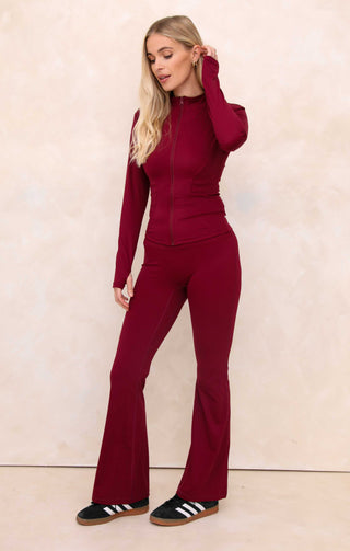Ladies Red Seam Detail Activewear Set With Flared Leg - Valentina