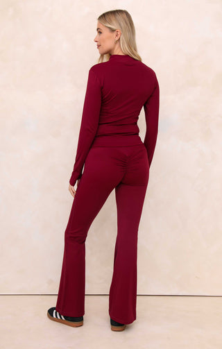 Ladies Red Seam Detail Activewear Set With Flared Leg - Valentina