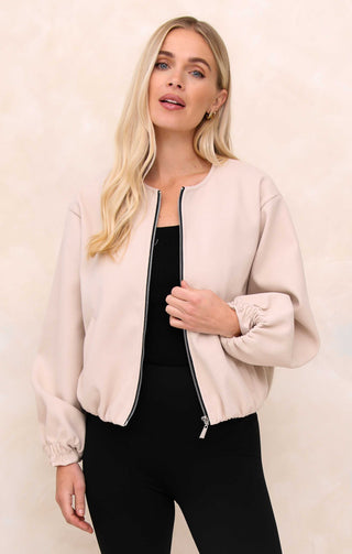Ladies Cream Collarless Balloon Sleeve Cropped Zip Thru Jacket - Evelyn