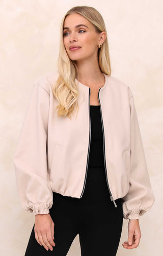 Ladies Cream Collarless Balloon Sleeve Cropped Zip Thru Jacket - Evelyn