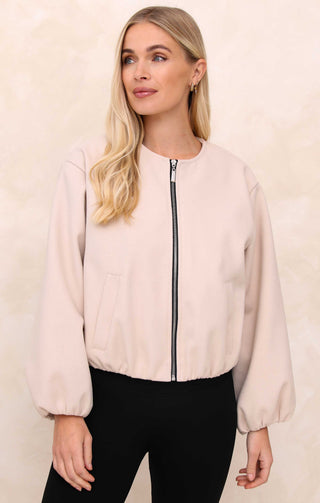 Ladies Cream Collarless Balloon Sleeve Cropped Zip Thru Jacket - Evelyn