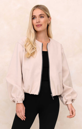 Ladies Cream Collarless Balloon Sleeve Cropped Zip Thru Jacket - Evelyn
