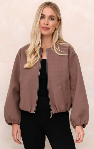 Ladies Mocha Collarless Balloon Sleeve Cropped Zip Thru Jacket - Evelyn