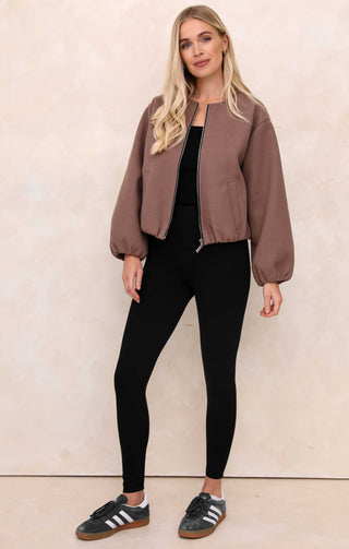 Ladies Mocha Collarless Balloon Sleeve Cropped Zip Thru Jacket - Evelyn