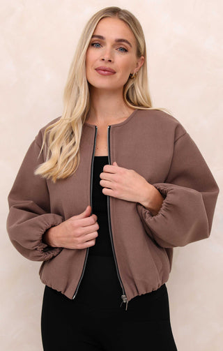 Ladies Mocha Collarless Balloon Sleeve Cropped Zip Thru Jacket - Evelyn