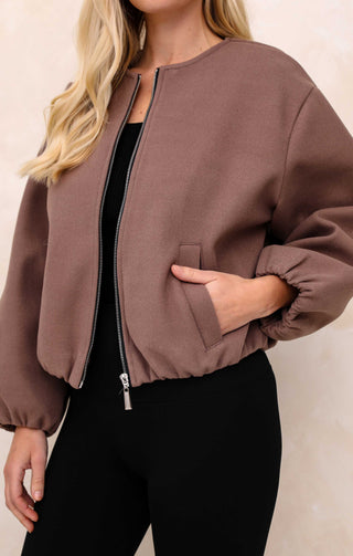 Ladies Mocha Collarless Balloon Sleeve Cropped Zip Thru Jacket - Evelyn