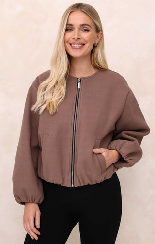 Ladies Mocha Collarless Balloon Sleeve Cropped Zip Thru Jacket - Evelyn