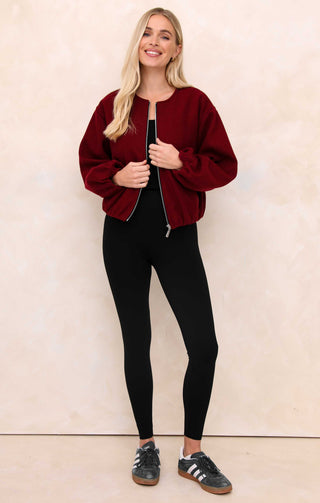 Ladies Wine Collarless Balloon Sleeve Cropped Zip Thru Jacket - Evelyn