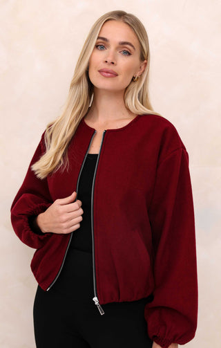 Ladies Wine Collarless Balloon Sleeve Cropped Zip Thru Jacket - Evelyn