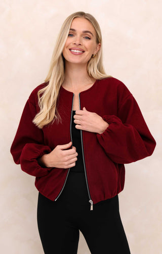 Ladies Wine Collarless Balloon Sleeve Cropped Zip Thru Jacket - Evelyn