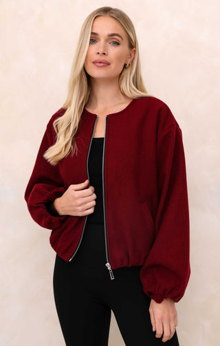 Ladies Wine Collarless Balloon Sleeve Cropped Zip Thru Jacket - Evelyn