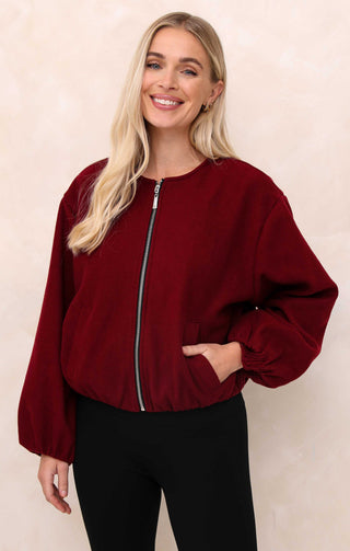 Ladies Wine Collarless Balloon Sleeve Cropped Zip Thru Jacket - Evelyn