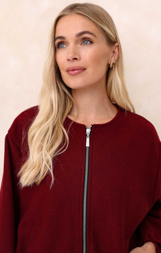 Ladies Wine Collarless Balloon Sleeve Cropped Zip Thru Jacket - Evelyn