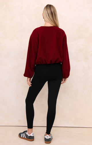 Ladies Wine Collarless Balloon Sleeve Cropped Zip Thru Jacket - Evelyn