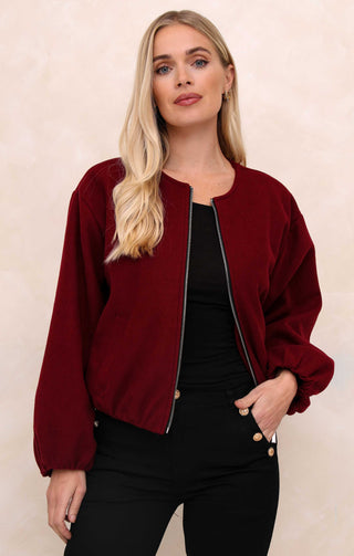 Wine Collarless Balloon Sleeve Cropped Zip Thru Jacket - Evelyn