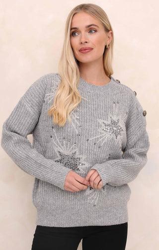 Dove Grey Star Embellished Button Detail Crew Neck Long Sleeve Jumper - Delilah