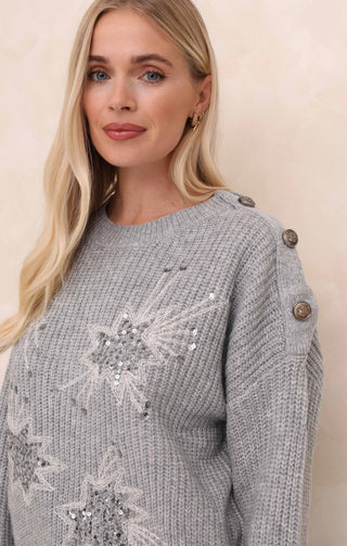 Dove Grey Star Embellished Button Detail Crew Neck Long Sleeve Jumper - Delilah