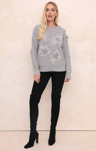 Dove Grey Star Embellished Button Detail Crew Neck Long Sleeve Jumper - Delilah