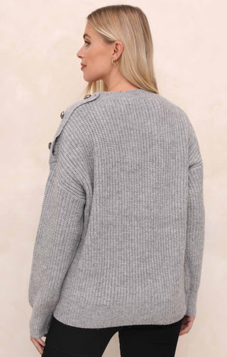 Dove Grey Star Embellished Button Detail Crew Neck Long Sleeve Jumper - Delilah